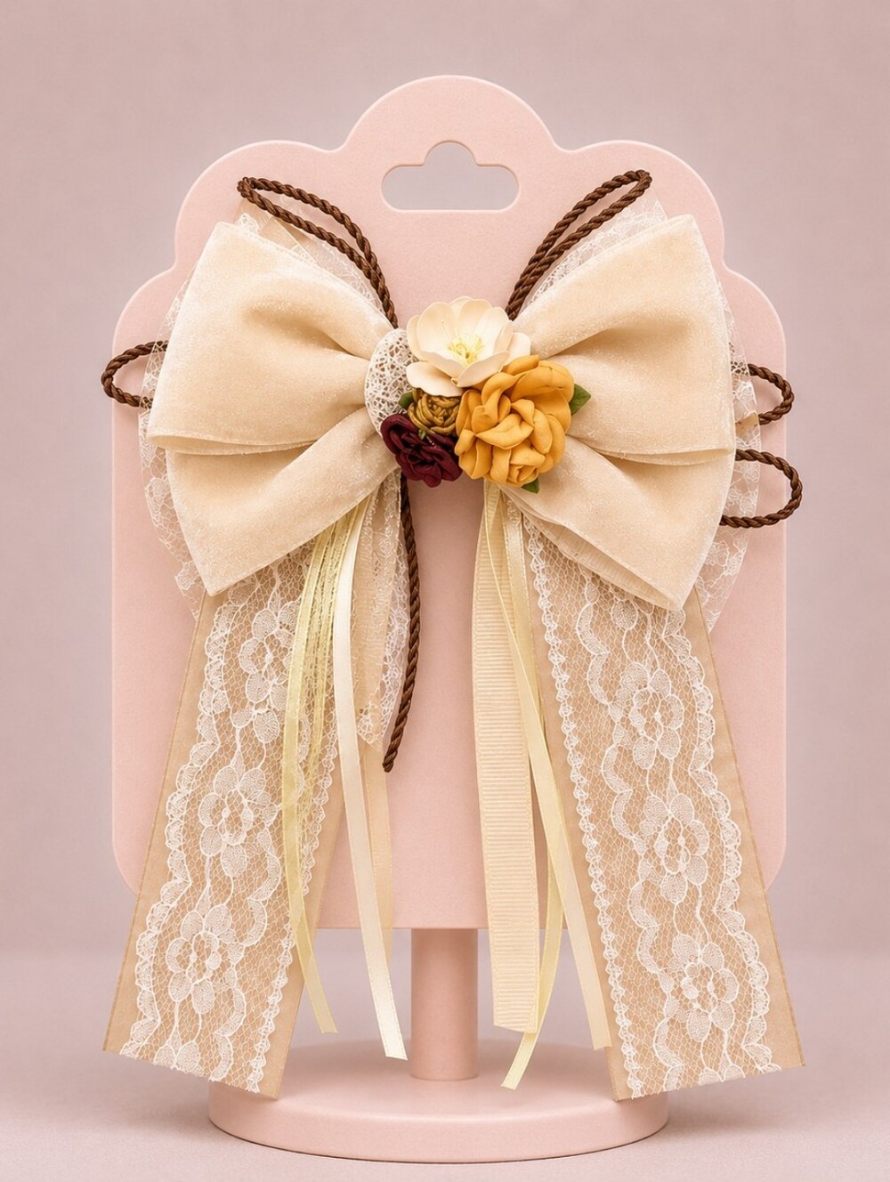 ⭐Handmade Bow Coquette Cream Lace Hair Bow with Floral Accents